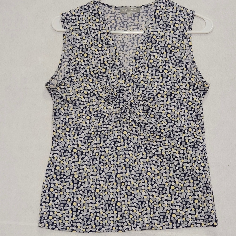 Laura Petites Sleeveless V-Neck Twist Front Polka Dot Top Navy Grey Yellow M